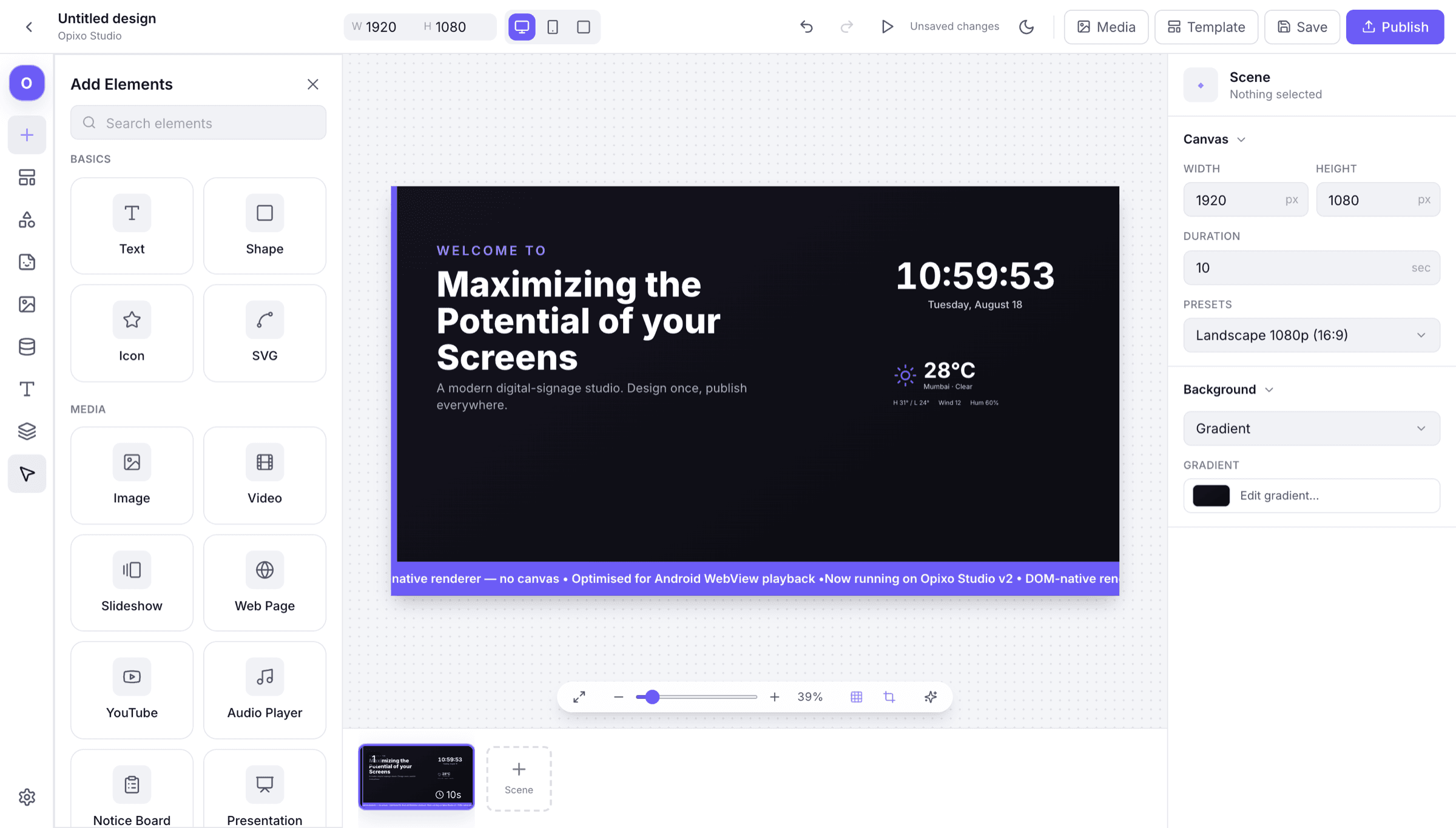 The Add Elements drawer in the Opixo Studio, showing the widget catalogue