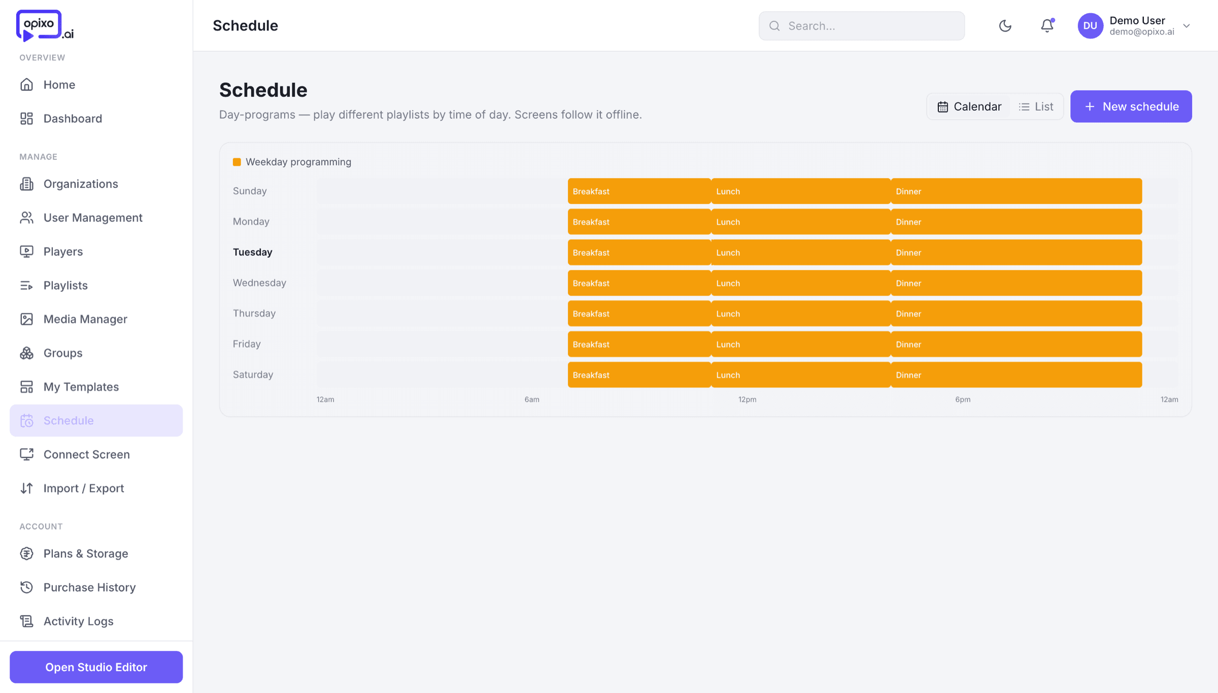 The Opixo Studio scheduler, showing day-parts across a week